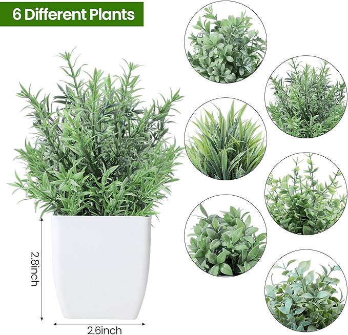 Unittype 12 Pcs Fake Plants Small Artificial Faux Plants for Shelf Mini Plastic Potted Greenery for Home Office Desk Bathroom Bedroom Indoor Decor(White Pot,Gray)