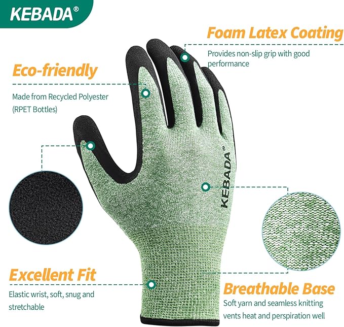 Kebada Gardening Gloves for Men, 2 Pairs Breathable Garden Gloves, Foam Latex Coated, Stretchable Knitting General Duty Work Gloves, Made from Recycled PET Bottles,Green & Gray, Large