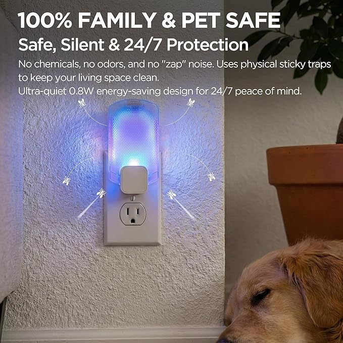 Fruit Fly Traps for Indoors(1 Device+5 Refills) for Fruit Flies, Gnats, Flying Insects, Moths, Bugs, Fungus, 3-in-1 UV/Blue/Yellow Light Plug-in Gnat Traps, No-Mess Bug Zapper, 7 * 24hrs Pest Control
