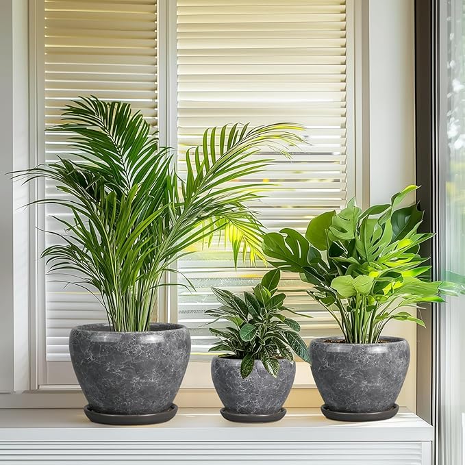 Ceramic Planters - 10 Inch 8 Inch 6 Inch Round Decorative Plant Pots with Drainage Holes and Saucers for Indoor Outdoor Flower, Room Home Apartment Decor, Gift for Women Men, Set of 3, Grey