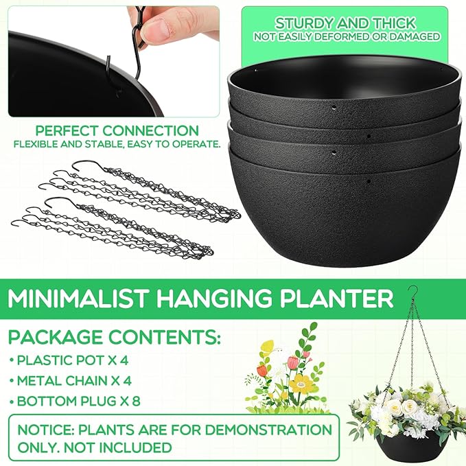Maxcheck 4 Pack 13 Inch Large Hanging Planters Indoor Outdoor Flower Pots, Plant Containers with Drainage Hole Round Hanging Plant Pot for Home Garden Porch Balcony Patio Decor(Black)