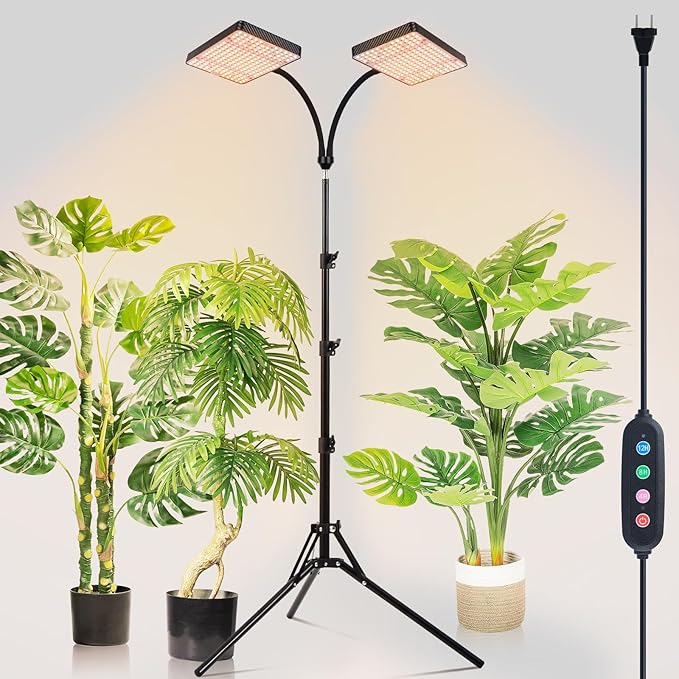 FRGROW 2026 2Head Grow Light with Stand, 50 Watt Power Draw, Big Coverage and Bright Enough for Indoor Large and Tall Plants, Bonsai Tree, 40"-64" Height Adjustable