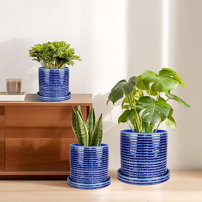 EFISPSS Ceramic Planter Pots, 6+8+10 Inch Planters for Plant Outdoor, Flower Pots with Drainage Hole and Saucer, Planter Pots for Home Garden Patio, Set of 3 - Blue