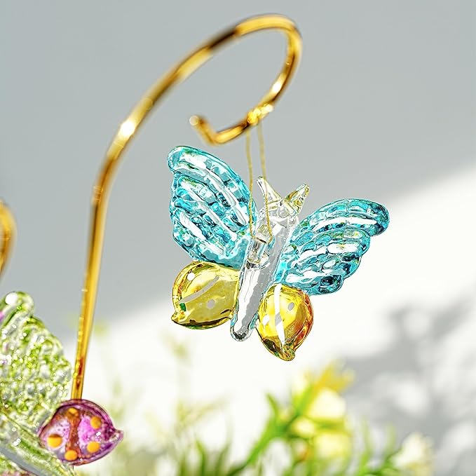 HDCRYSTALGIFTS 4 Pack Blown Glass Butterfly Decorative Garden Stakes,Colorful Butterflies with 13.5'' Tall Gold Plant Stakes for Outdoor Lawn Porch Pathway Patio Plant Pot Flower Bed
