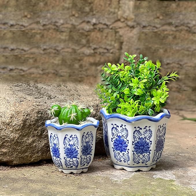 HakkaGirl Ceramic Pots for Plants, Chinoiserie Décor Ceramic Flower Pots Planters for Indoor Plants with Drainage, Blue and White, Set of 3