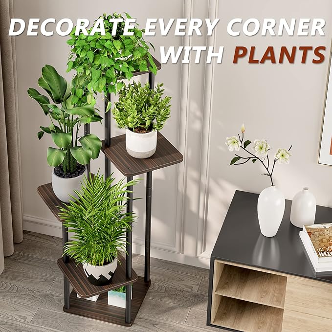 AZERPIAN Plant Stand 5 Tier Indoor Metal Flower Shelf for Multiple Plants Corner Tall Flower Holders for Patio Garden Living Room Balcony Bedroom, Black Oak (5 Tier-Black Oak)