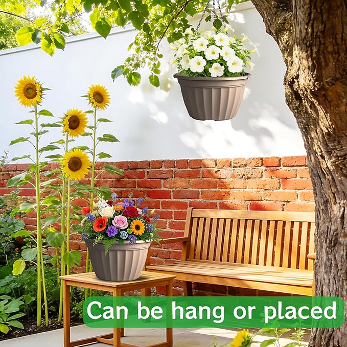 FGstyle 6 Pack Hanging Planters 8 Inch, Self Watering Pots for Indoor Plants, Plastic Hanging Basket with Soil Elevator and 20" Chain for Home Garden Porch Balcony Patio Decor (Beige)