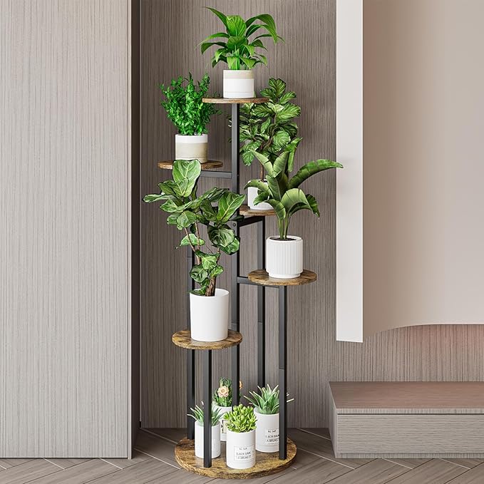 INGIORDAR Plant Stand Indoor Outdoor Corner Flower Stands Multiple Flower Pot Holder for Patio Garden Balcony Living Room 6 Tier Black+Rustic Brown