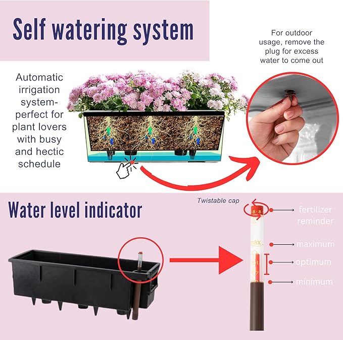 LaLaGreen Outdoor Planter Boxes (14 Inch, 2 Pack) Black Rectangular Self-Watering Railing Planters with Brackets, Hanging Window Boxes for Herbs Flowers Outdoor Plants Deck Garden Plastic Containers