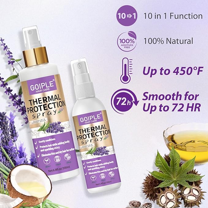 10 in 1 Heat Protectant Spray for Hair Protectant Product- Lavender Hair Heat Protectant Treatment - Repair 450°F Thermal Protector- Nourishing Formula Heat Protection Spray for Damage & Tame Frizz
