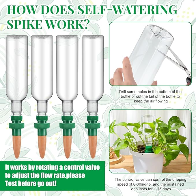 SiliFine 4 Set Plant Watering Devices Include Self Watering Spikes and 26 oz Plastic Bottles Plant Waterer Devices with Adjustable Control Valve Switch Indoor Outdoor (Clear)