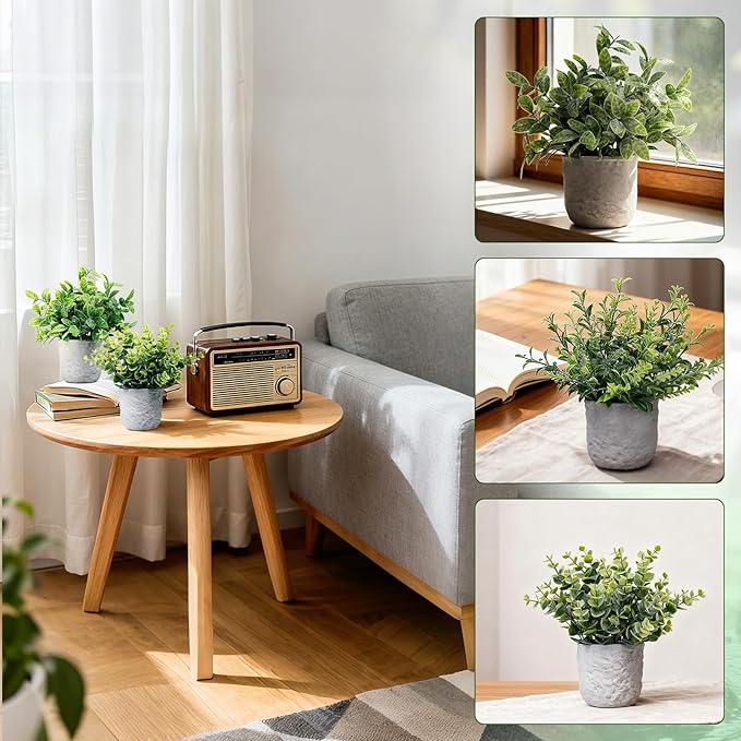 3-Pack Potted Artificial Plants, Small Eucalyptus Faux Plants for Shelf Desk Home Bathroom Farmhouse Room Coffee Table Decor (A Sage Green)