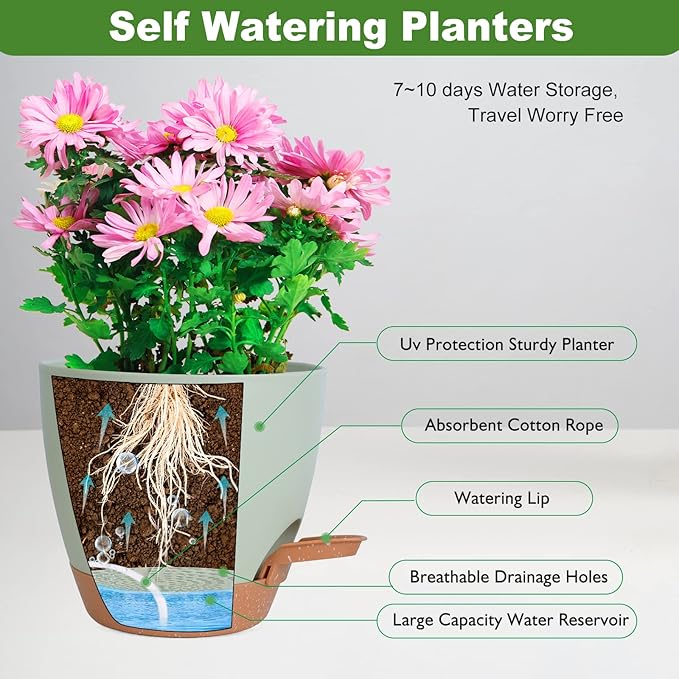 Vanslogreen Planters for Indoor Plants, 8/7/6.5/6/5.5/5 Inch Self Watering Planters with Drainage Hole, Plastic Planters Flower Pots for Indoor Outdoor Plants (Green)