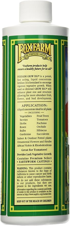 FoxFarm Grow Big Liquid Plant Food - 6-4-4 House Plant Fertilizer for Lush Vegetative Growth, Fast Nutrient Uptake for Roses, Tomatoes & Veggies - Pint Size Concentrate