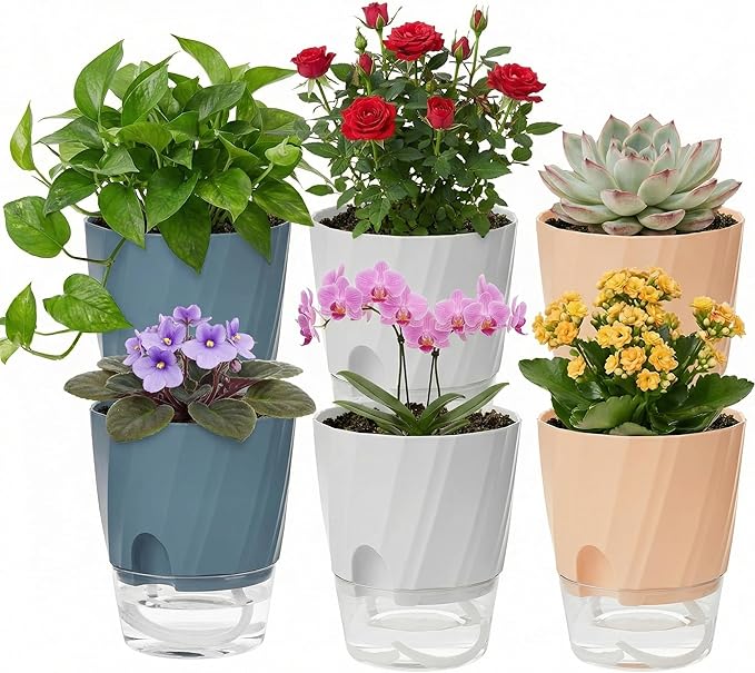 KIMCHOMERSE Self Watering Plant Pots 4.7 Inch, 6 Pack Indoor Planters with Drainage Holes & Saucers, Decorative Flower Pots for Home Office Decor (2 White, 2 Pink, 2 Blue)