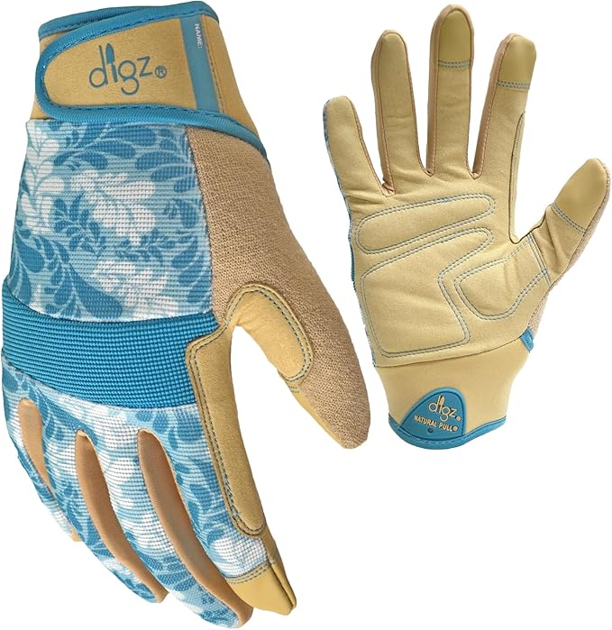 DIGZ 7606-23 High Performance Women's Gardening Gloves, Work Gloves with Touchscreen Compatible Fingertips, Blue Leaves Pattern, Medium