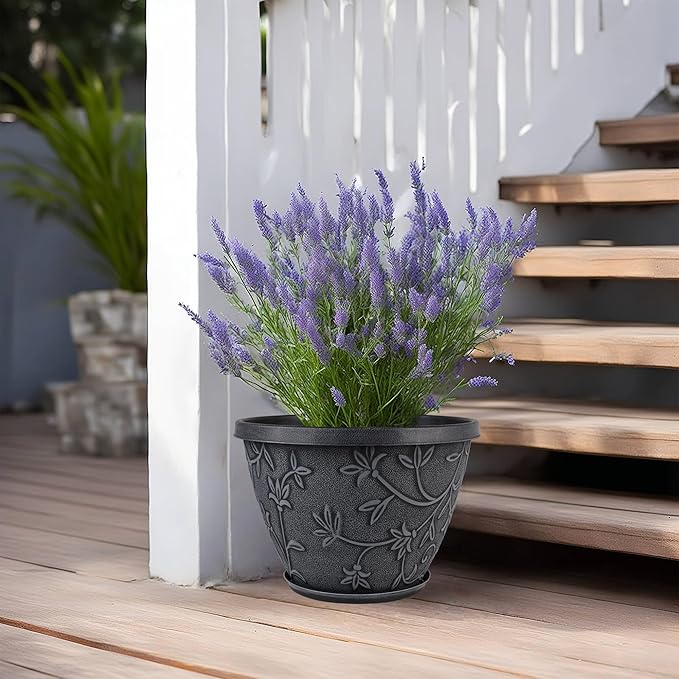 Nooulap 4 Pack 12 Inch Large Flower Pots for Outdoor Indoor, Plastic Plant Pots with Drainage Hole & Saucer, Modern Decorative Garden Pot, Imitation Magnolia Pots for Garden House Planters（Gray）