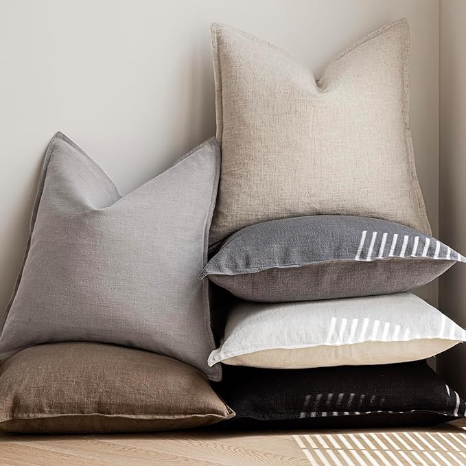 Foindtower Pack of 2, Decorative Linen Soild Throw Pillow Covers Soft Accent Cushion Case Boho Farmhouse Pillowcase for Chair Couch Sofa Bedroom Living Room Home Decor 22 x 22 Inch Light Rustic Gray