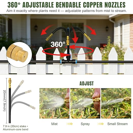66FT Drip Irrigation System Kit Dual-Zone Garden Atomizing Watering System with 20 Copper 360° Adjustable Bendable Nozzles, Y-Splitter, Leak-Proof 1/4" Misting System for Garden Greenhouse Raised Beds