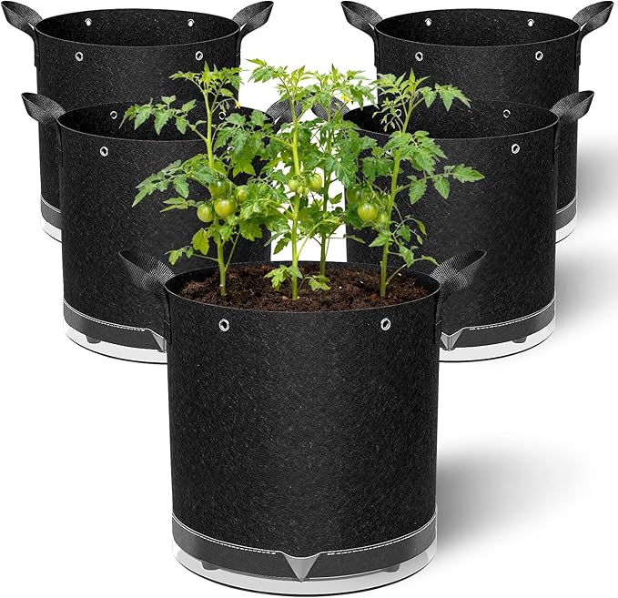 5 Pack 7 Gallon Self-Watering Grow Bags, Thick Nonwoven Fabric Pots with Support Rings and Reinforced Handles, Self-Watering Planter with Bottom Reservoir for Tomatoes Peppers Potatoes and Vegetables