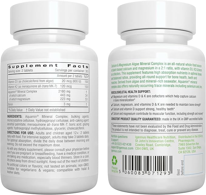 Igennus Red Algae Calcium Magnesium Complex, Comprehensive Bone Support with K2, D3 & Boron, High Absorption Minerals, Vegan & Plant Based, Non-GMO, 60 Tablets