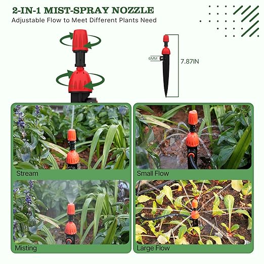 A ANLEOLIFE 82.4FT Automatic Drip Irrigation Kit with Water Timer, 8 Programs & LCD, Quick-Connect System, 1/2" Mainline + 1/4" Tubing, 360° Bendable Nozzles for Raised Beds, Garden & Greenhouse