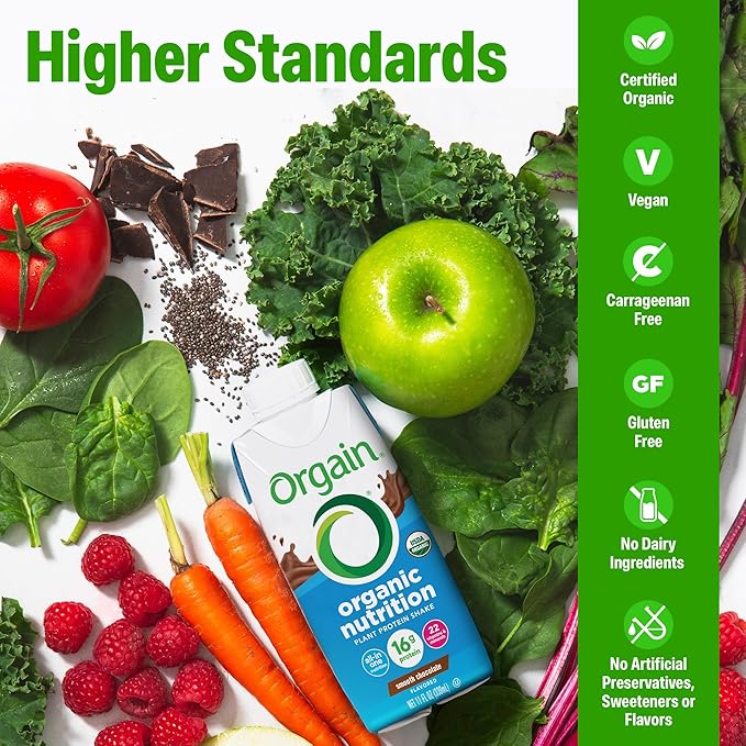 Orgain Organic Nutritional Vegan Protein Shake, Smooth Chocolate - 16g Plant Based Protein, Meal Replacement, 22 Vitamins & Minerals, Fruits & Vegetables, Gluten Free, Non-GMO, 11 Fl Oz (Pack of 12)