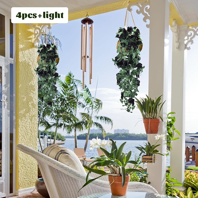 RECUTMS Hanging Flowers Black Artificial Rose Flower 2PCS 3.3Ft for Outdoors with 30 LED Fairy String Lights Fake Indoor Wall Wedding (Black)