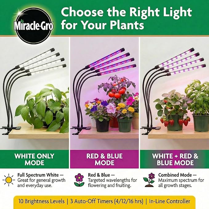 Miracle-Gro LED Grow Light for Indoor Plants 4-Head | Selectable Spectrum Clip On Plant Light with Timer & Dimmable Modes | Flexible Gooseneck Lamp for Seed Starting, Succulents, Herbs & House Plants