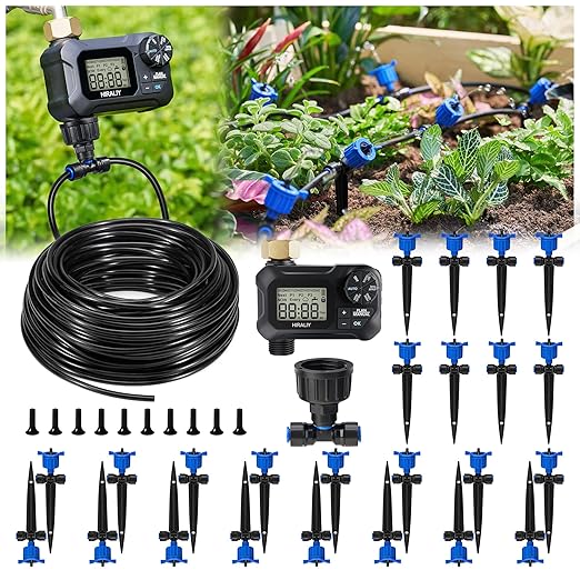 HIRALIY 100FT Pressure Compensated Drip Irrigation System with Timer, No-Leak Quick Connect Automatic Watering System, 24 Adjustable Emitters for Uniform Flow, Garden, Patio, Raised Bed