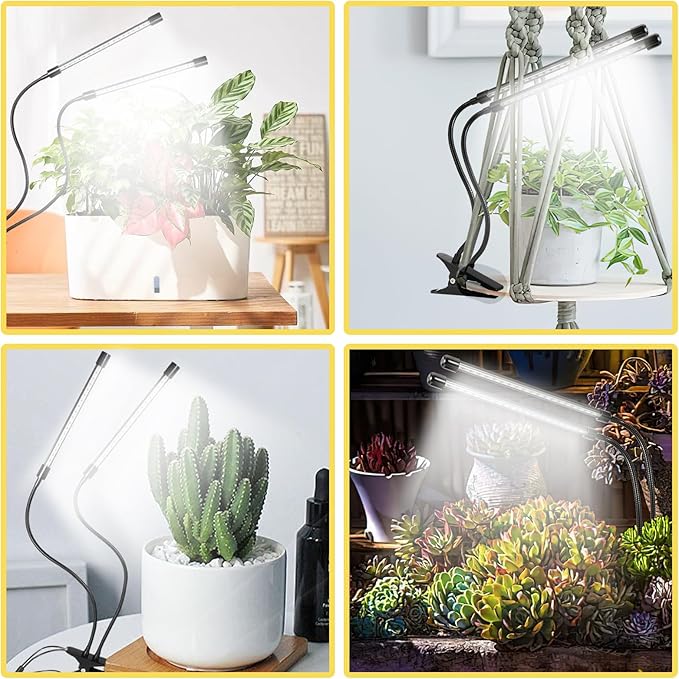 2 Head Grow Lights for Indoor Plants, 6000K Full Spectrum Grow Light for Flowers, Fruits, Vegetables, Auto On Off Timing, 9 Dimming, 360 Degree Adjustable Plant Lights, 1 Pack