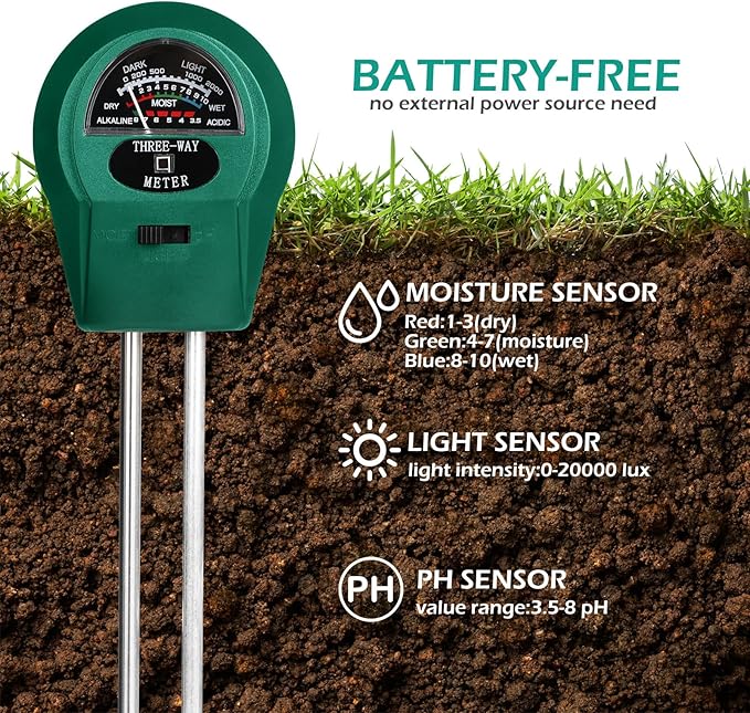 GeeRic Soil Moisture 3-in-1, Soil Moisture/Light/pH Tester, No Battery Needed Soil Tester Gardening Tool for Indoor and Outdoor