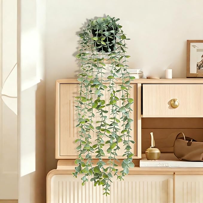 echosari Artificial Hanging Plants, Fake Potted Eucalyptus Faux Hanging Plant, Fake Hanging Plants Indoor for Modern Boho Home Bedroom Wall Book Shelf Decor