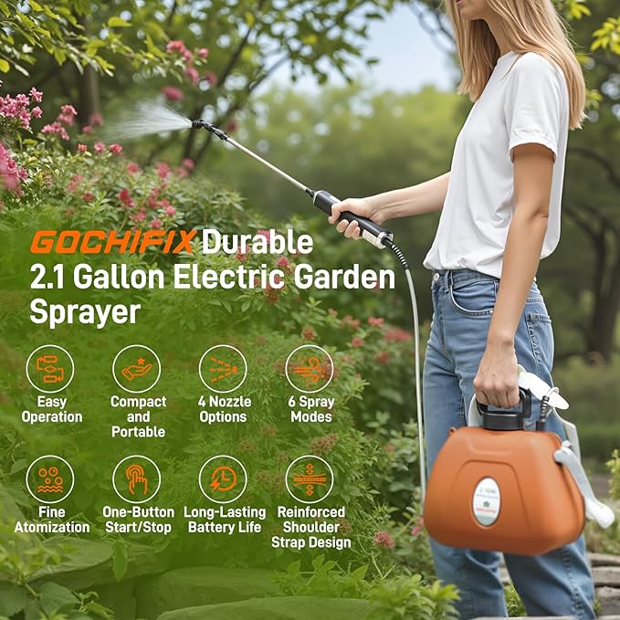GOCHIFIX Electric Garden Sprayer 2.1 Gallon, 4 Mist Nozzles, Telescopic Wand, Adjustable Shoulder Strap, USB Rechargeable Waterproof Handle, Automatic Plant Mister for Lawn Garden