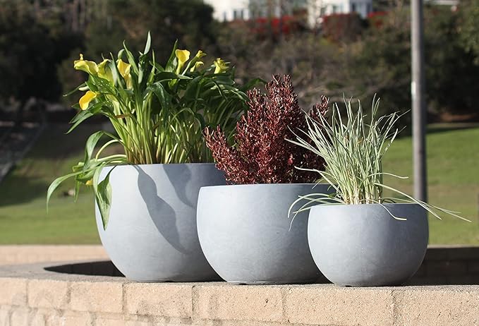 Kante 19.9",15.7",11.8" Dia Round Concrete Planter Set of 3, Outdoor/Indoor Large Bowl Plant Pots with Drainage Hole and Rubber Plug for Garden Patio Balcony Home, Gray