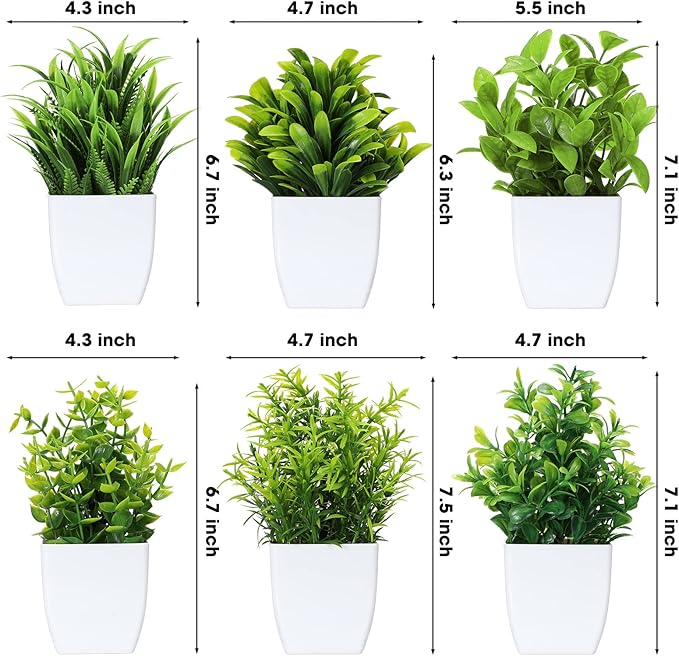 Unittype 12 Pcs Fake Plants Small Artificial Faux Plants for Shelf Mini Plastic Potted Greenery for Home Office Desk Bathroom Bedroom Indoor Decor(White Pot,Green)