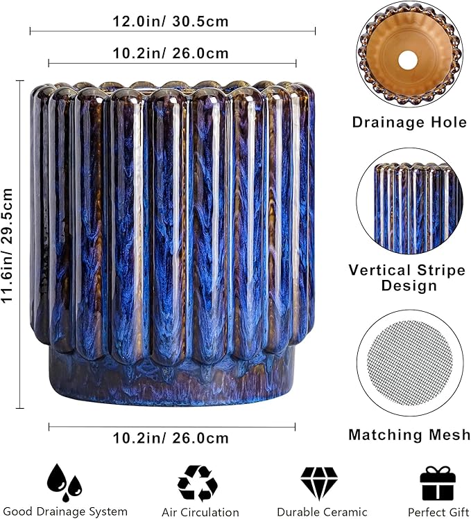 Ceramicfor 12 Inch Pots for Plants - Ceramic Planter Indoor Outdoor, Large Ceramic Flower Pots with Drainage Hole, Fluted Modern Round Planter, Living Room Home Decor, Gifts for Plant Lovers, Blue