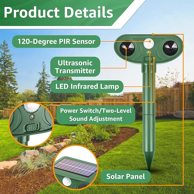 Solar Ultrasonic Animal Repellent Outdoor with Motion Sensor Strobe Light Deer Repellent Devices for Squirrel Rats Snakes Rabbit 25KHZ Silent Deterrent Dual Mode Yard Garden Lawn Pest Control 1pack
