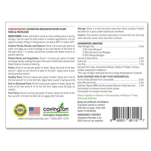 Covington Plant Food & Fertilizer Concentrate for Indoor (32 oz) Outdoor Plants and Soil - Liquid Food for Healthy Soil and All Types of Plants, Just Mix with Water