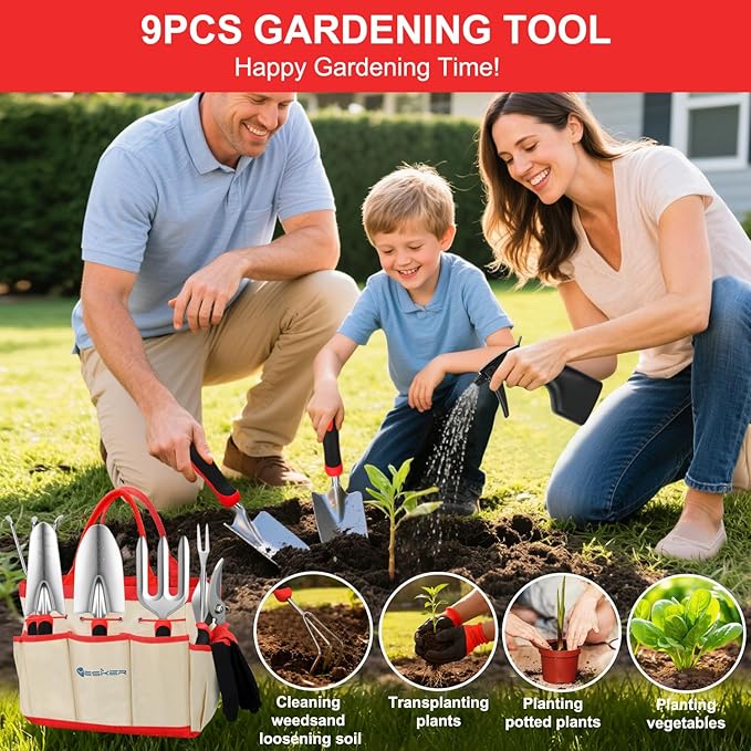 Yesker Gardening Tools 9-Piece Heavy Duty Garden Tool Set Gardening Supplies Gifts for Women Men Gardening Hand Tool Kit with Non-Slip Ergonomic Handle, Garden Bag, Durable Gloves, Pruning Shears, Red