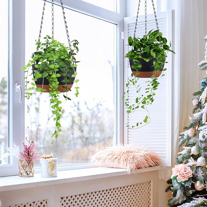 Set of 2 Hanging Planters for Indoor Outdoor Plants, 8 Inch Self-Watering Hanging Flower Pots with Drainage Hole & Removable Water-Storage Tray (Hooks)