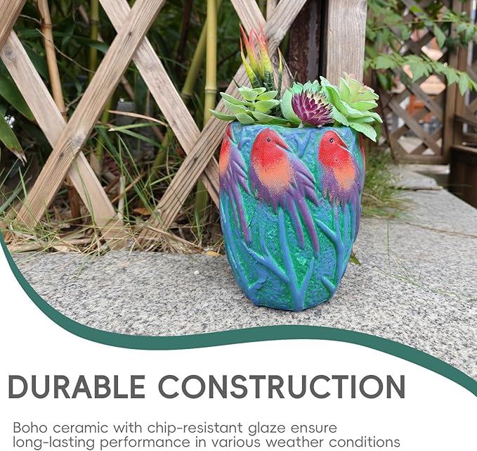 6.2" H Ceramic Flowerpot with Bird Pattern, Green Glazed Oval Planter, Boho Indoor Outdoor Succulent Container with Drainage Hole