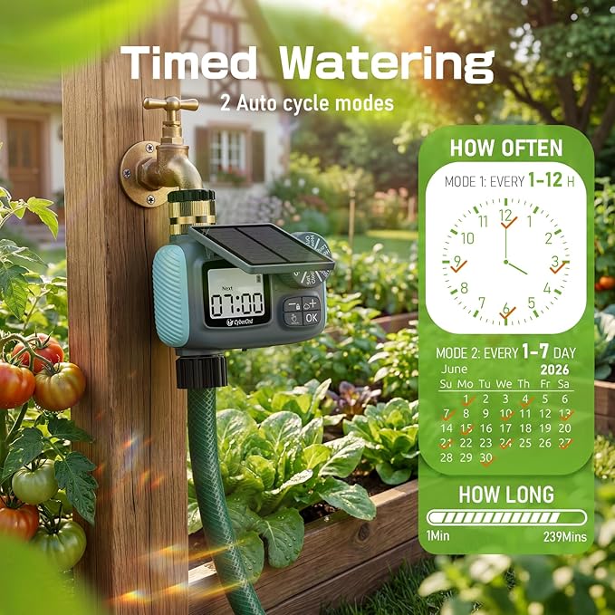 Solar Power Sprinkler Timer with Brass Inlet, CyberOrd Programmable Water Timer for Garden Hose, Hose Timers with Rain Delay/Manual/Automatic Watering System, Digital Irrigation for Yard, Lawn, Garden