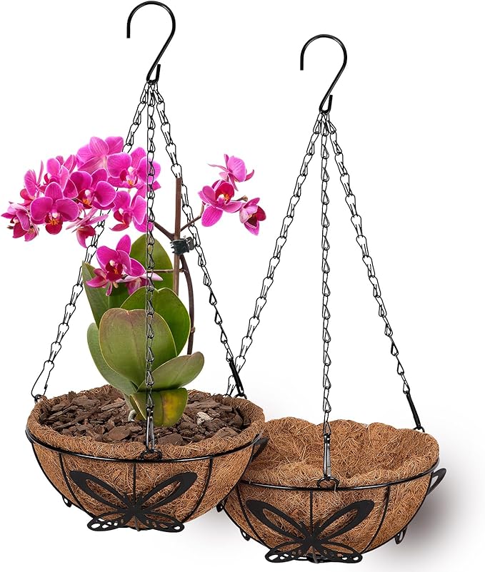 QCQHDU 2 Pack 8 inch Metal Hanging Orchid Baskets for Plants Outdoor, Hanging Orchid Planter Basket with Coco Liners, Orchid Pots with Holes for Garden, Patio, Deck, Porch Plants(Butterfly)