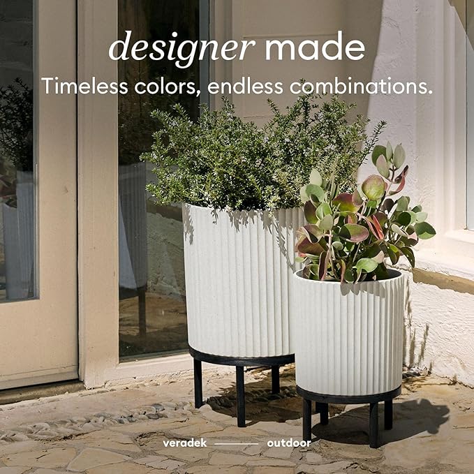 Veradek Demi Series Round Planter w/Stand for Porch/Patio | Durable Plastic-Stone Composite & Wooden Stand | Modern Décor for Tall Plants, Flowers