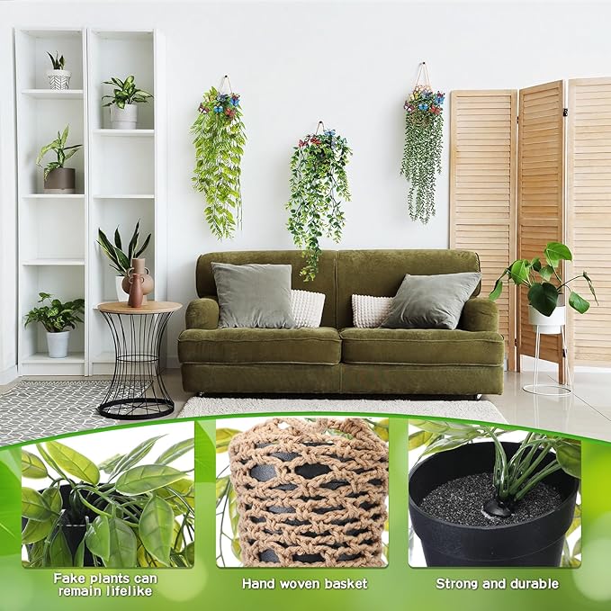 Giegxin 10 Set Fake Hanging Plant with Macrame Basket Summer Mini Artificial Macrame Plant Hanger with Woven Basket and Butterfly Ivy Faux Vines Eucalyptus Leaf for Indoor Home Wall Shelf Decor
