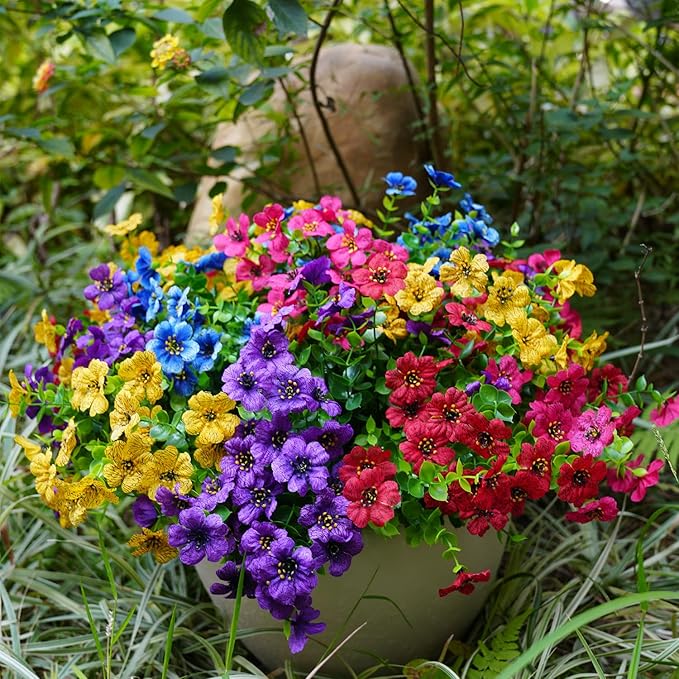 trytuny Artificial Flowers for Outdoor, UV Resistant Fake Silk Flowers, Realistic Faux Plants for Outside Indoor Porch Patio Window Box Planter Home Decor (20, Yellow Purple Rosy Red Blue)