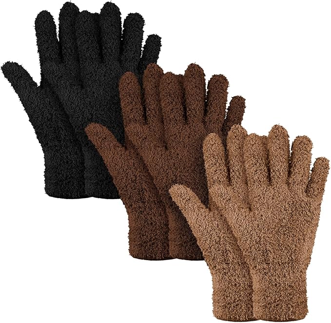 Patelai 3 Pairs Microfiber Plant Dusting Gloves Leaf Cleaning Gloves for Indoor Plants, Blinds, Furniture, House (Black,Brown,Dark Brown,Large)