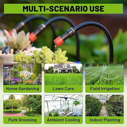 Drip Irrigation Kit - 100ft Automatic Watering System with 24 360° Sprinkler Nozzles, T-Connectors for Garden, Lawn, Greenhouse, Patio Plants & Hydroponics