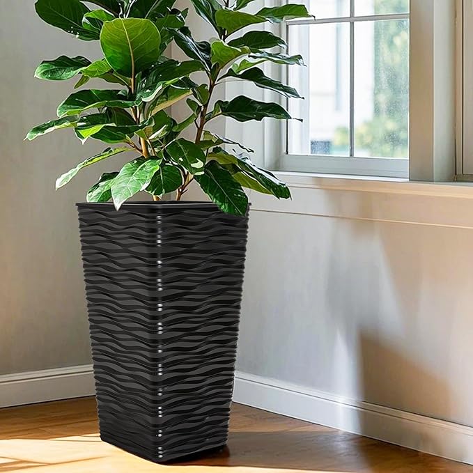 Worth 2 Pack 22" Tall Plastic Square Tapered Planter with Inside Pots for Indoor or Outdoor Use, Modern Wavy Finish for Front Porch or Deck, Black